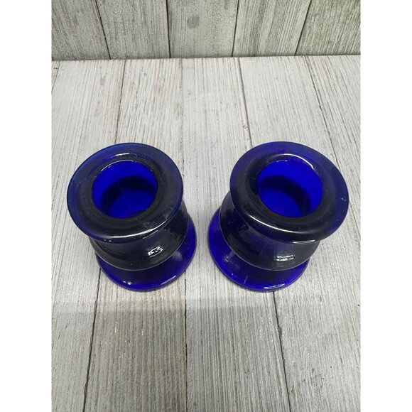 Vintage Cobalt Blue Candlestick Taper Holders Footed Glass 2.5" - Set of 2 - Picture 2 of 5